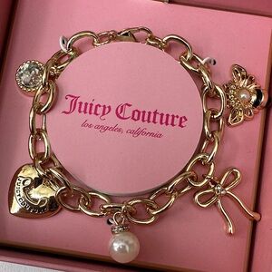 New Juicy Couture Gold-Tone Charm Bracelet with Faux Pearl and Crystal Accents